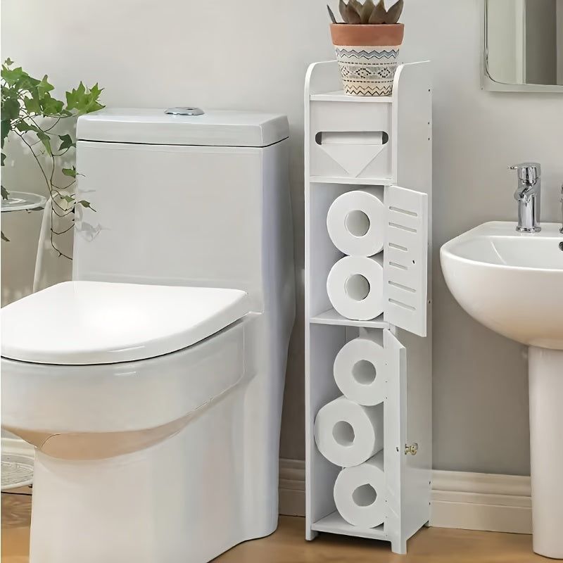 Slim White Bathroom Storage Cabinet with Two-Section PVC Frame, Open Top Shelf and Toilet Paper Storage