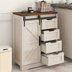 Storage Cabinet Compact Farmhouse Sliding-Door Unit with Adjustable Shelves and Four Side Drawers