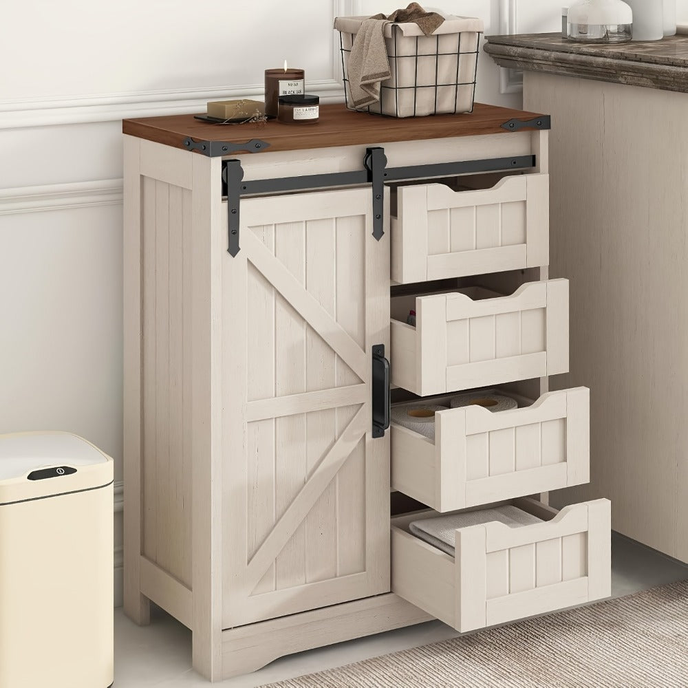 Storage Cabinet Compact Farmhouse Sliding-Door Unit with Adjustable Shelves and Four Side Drawers