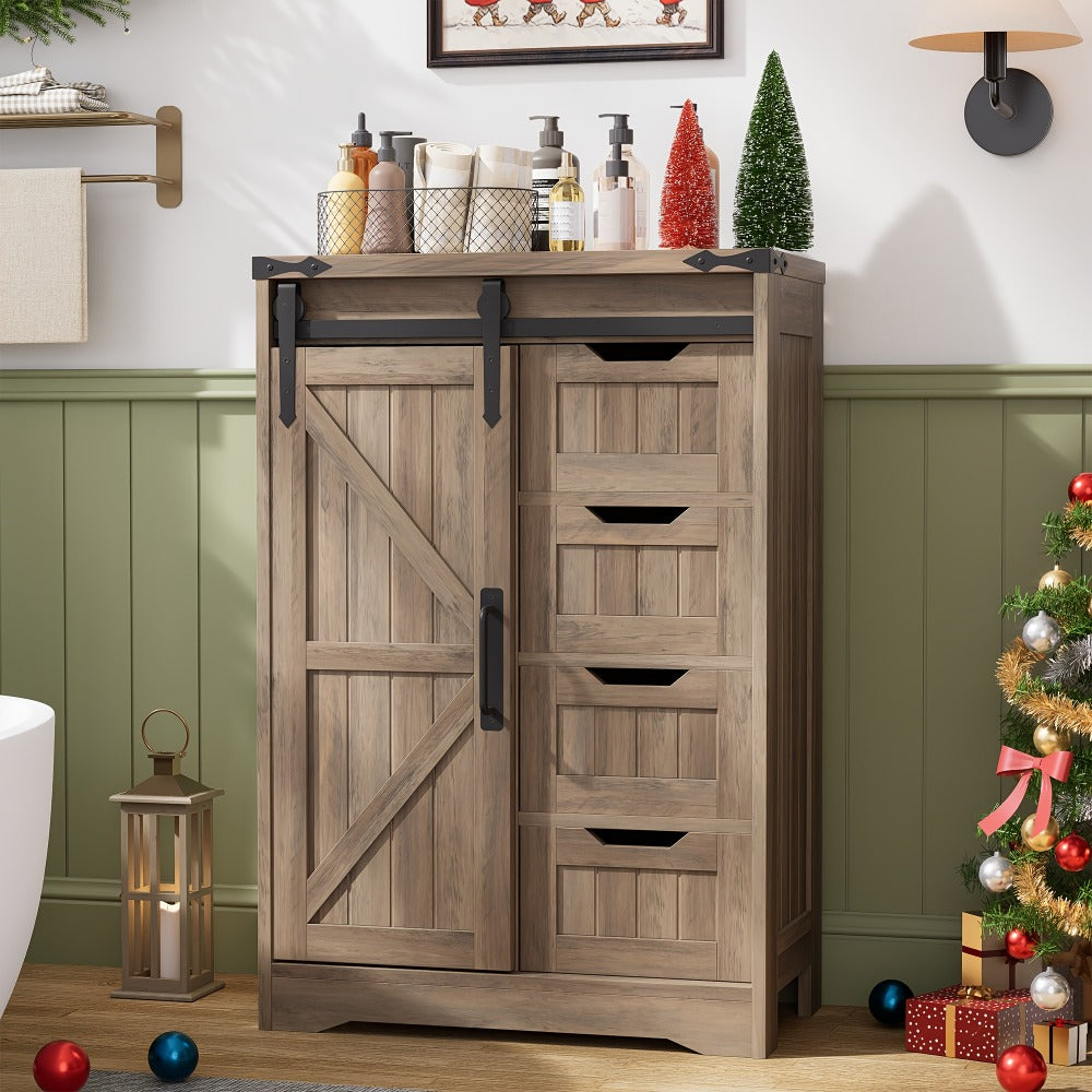 Storage Cabinet Compact Farmhouse Sliding-Door Unit with Adjustable Shelves and Four Side Drawers
