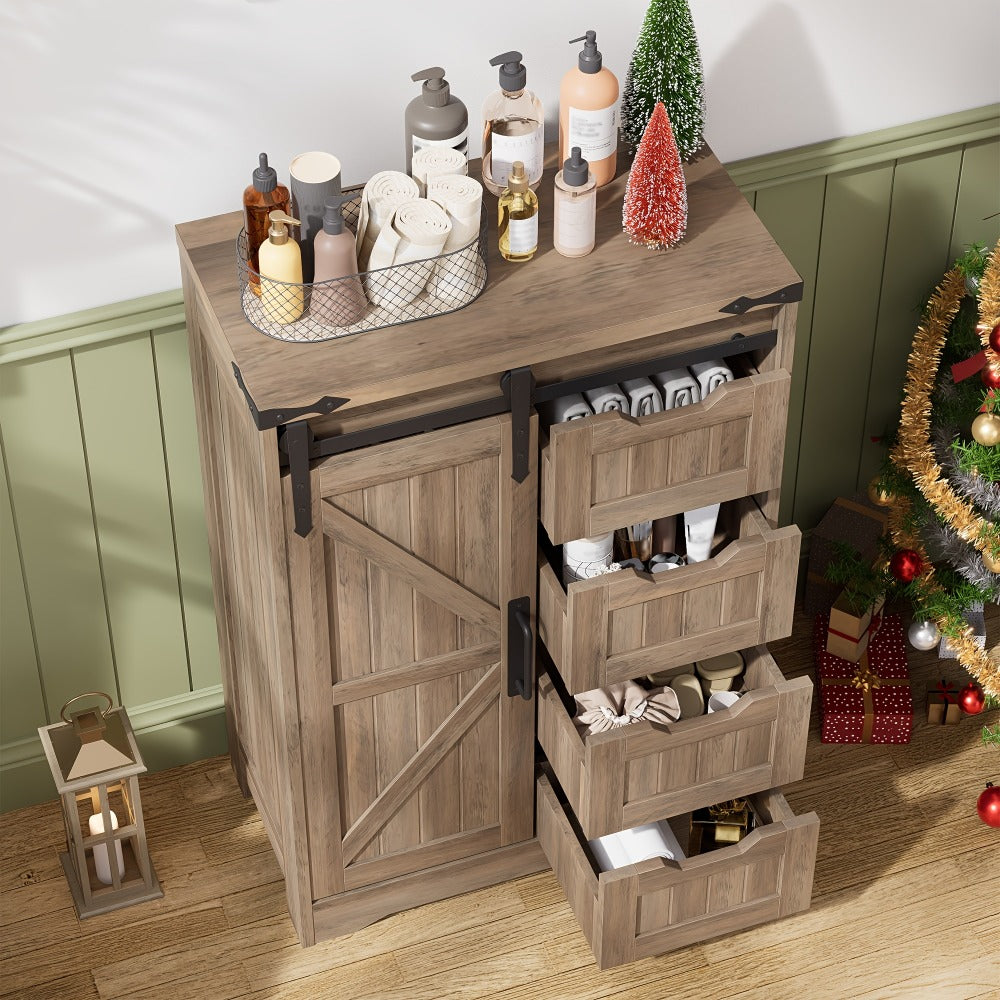 Storage Cabinet Compact Farmhouse Sliding-Door Unit with Adjustable Shelves and Four Side Drawers