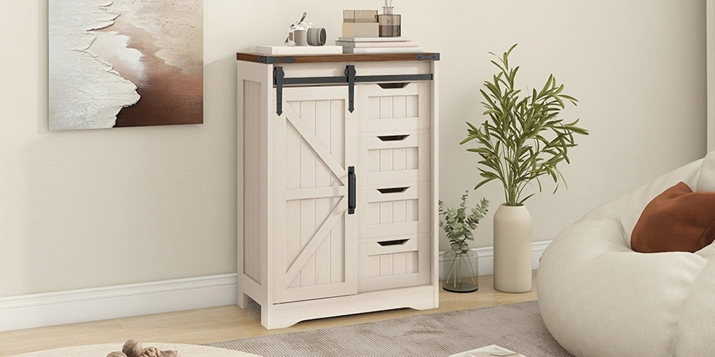 Storage Cabinet Compact Farmhouse Sliding-Door Unit with Adjustable Shelves and Four Side Drawers