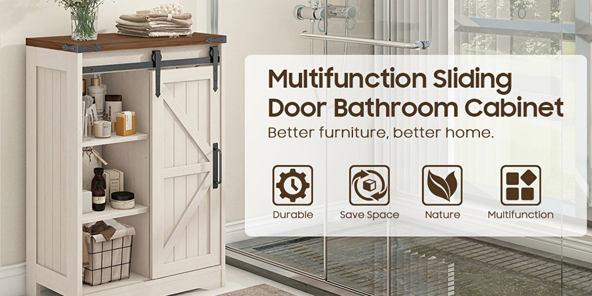 Storage Cabinet Compact Farmhouse Sliding-Door Unit with Adjustable Shelves and Four Side Drawers