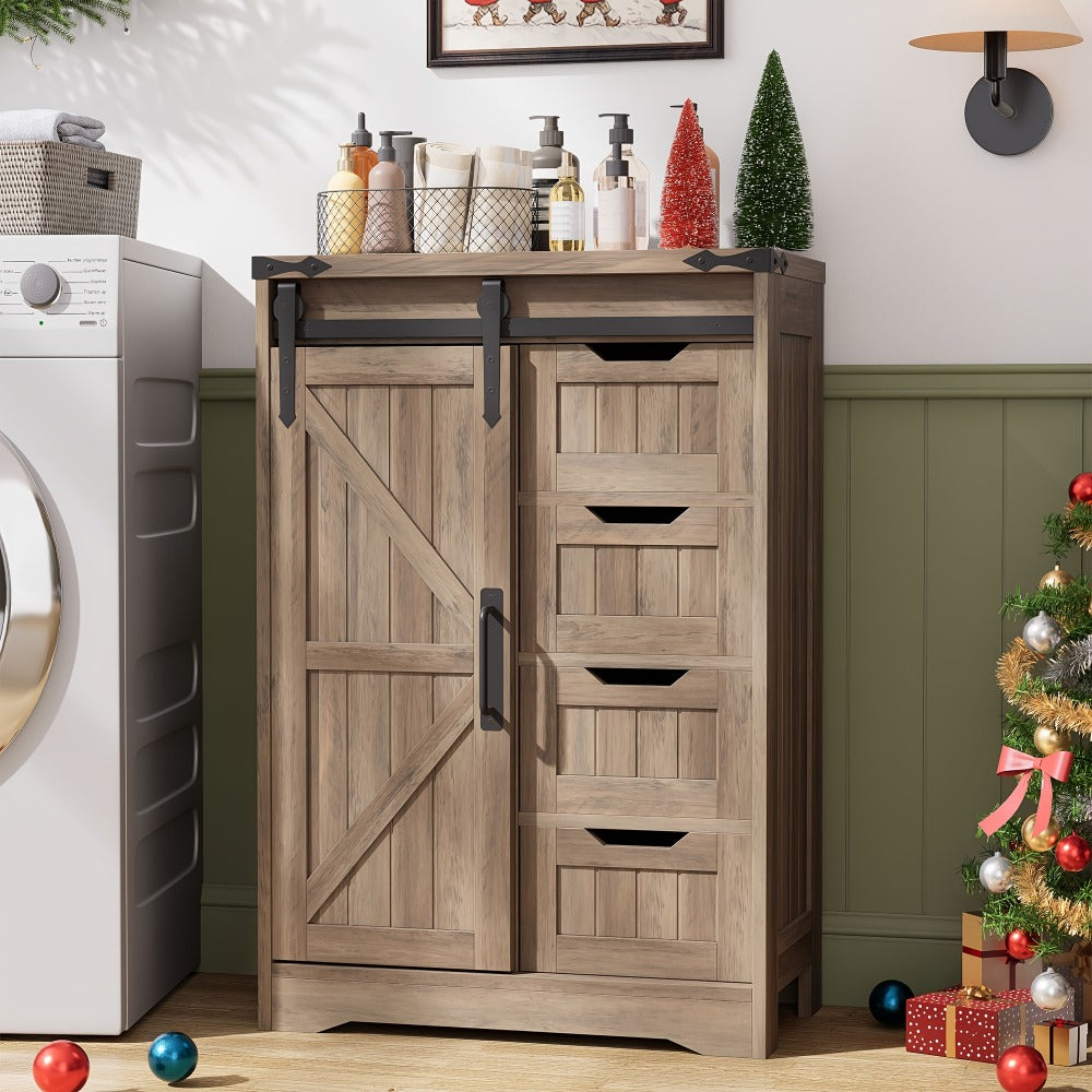 Storage Cabinet Compact Farmhouse Sliding-Door Unit with Adjustable Shelves and Four Side Drawers