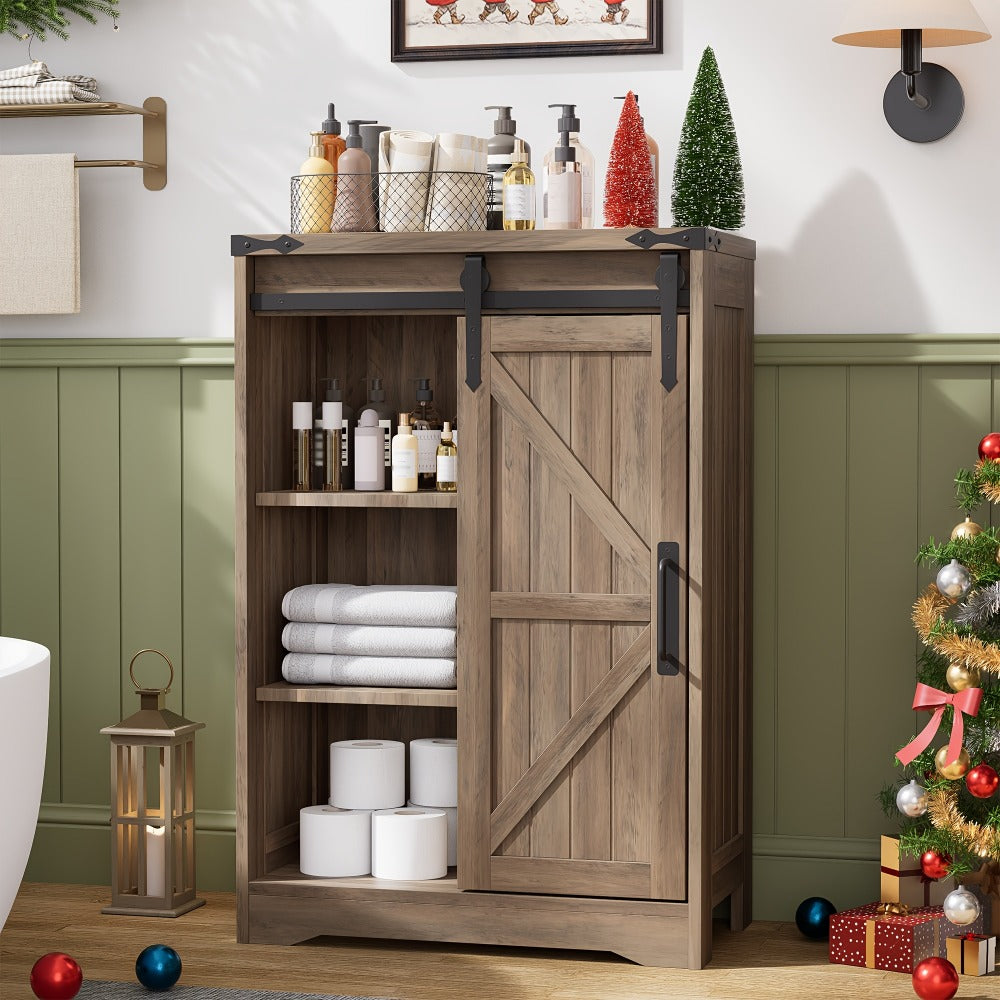 Storage Cabinet Compact Farmhouse Sliding-Door Unit with Adjustable Shelves and Four Side Drawers