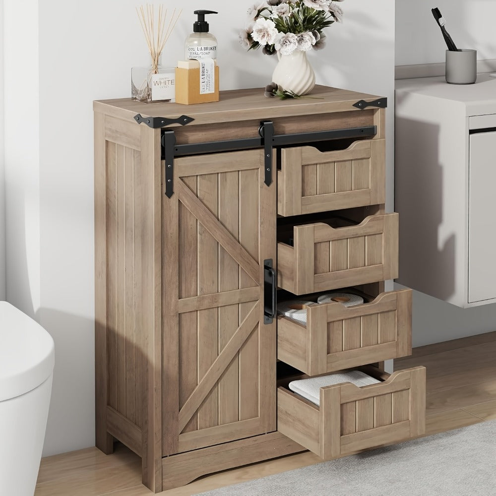 Storage Cabinet Compact Farmhouse Sliding-Door Unit with Adjustable Shelves and Four Side Drawers