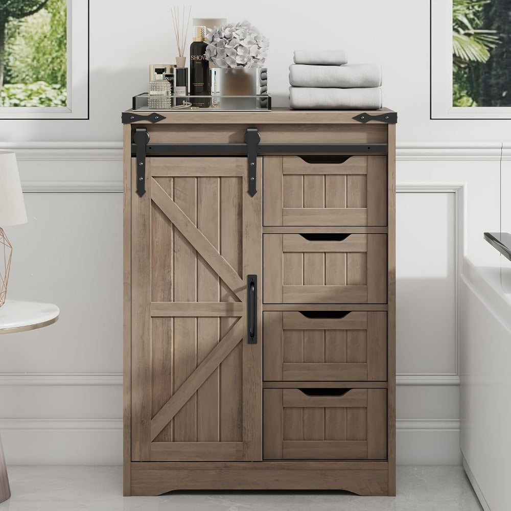 Storage Cabinet Compact Farmhouse Sliding-Door Unit with Adjustable Shelves and Four Side Drawers
