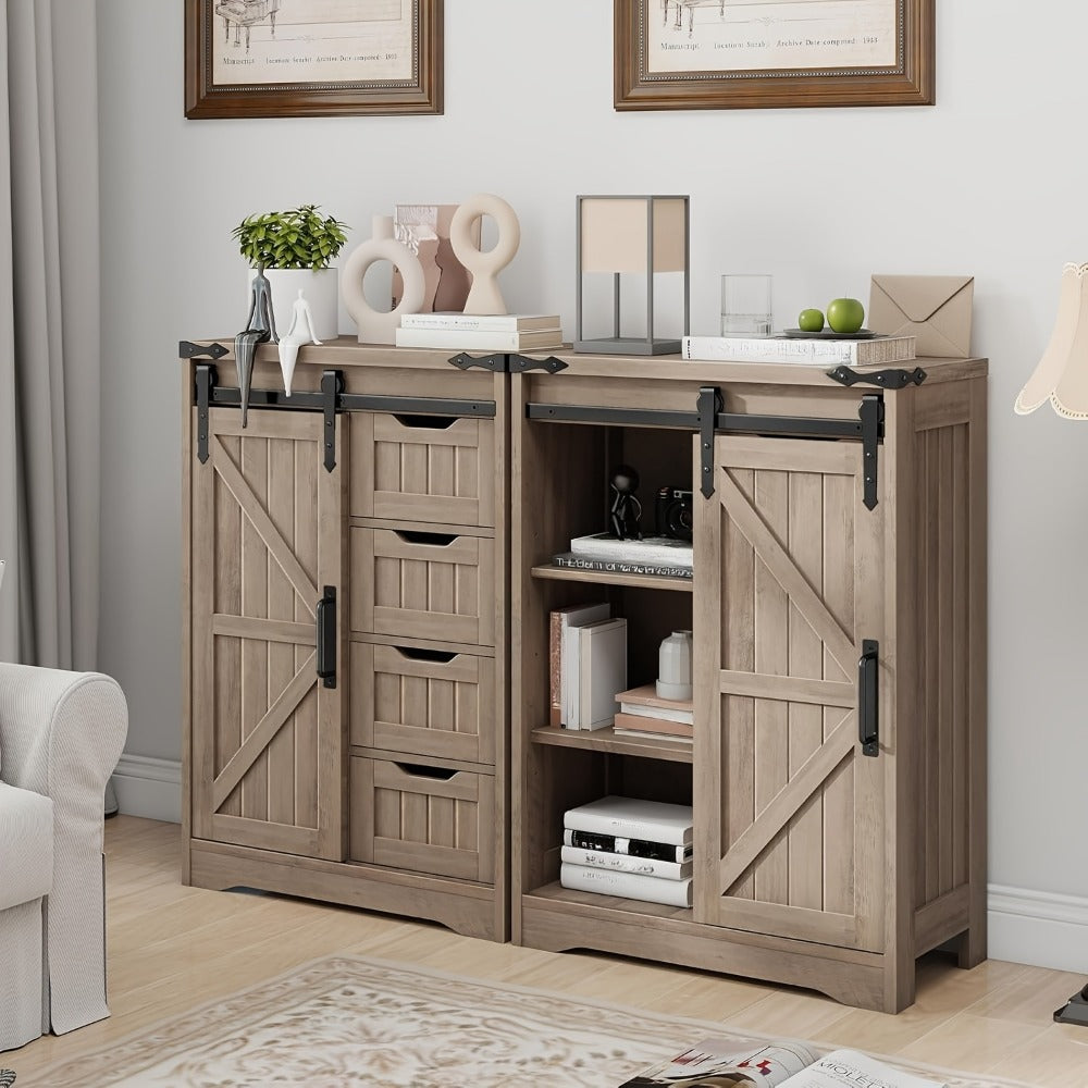 Storage Cabinet Compact Farmhouse Sliding-Door Unit with Adjustable Shelves and Four Side Drawers