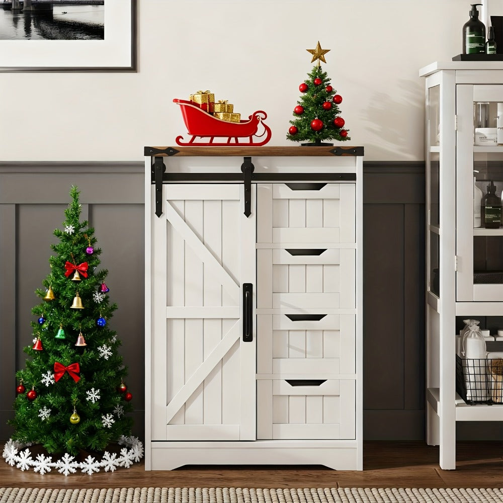 Storage Cabinet Compact Farmhouse Sliding-Door Unit with Adjustable Shelves and Four Side Drawers