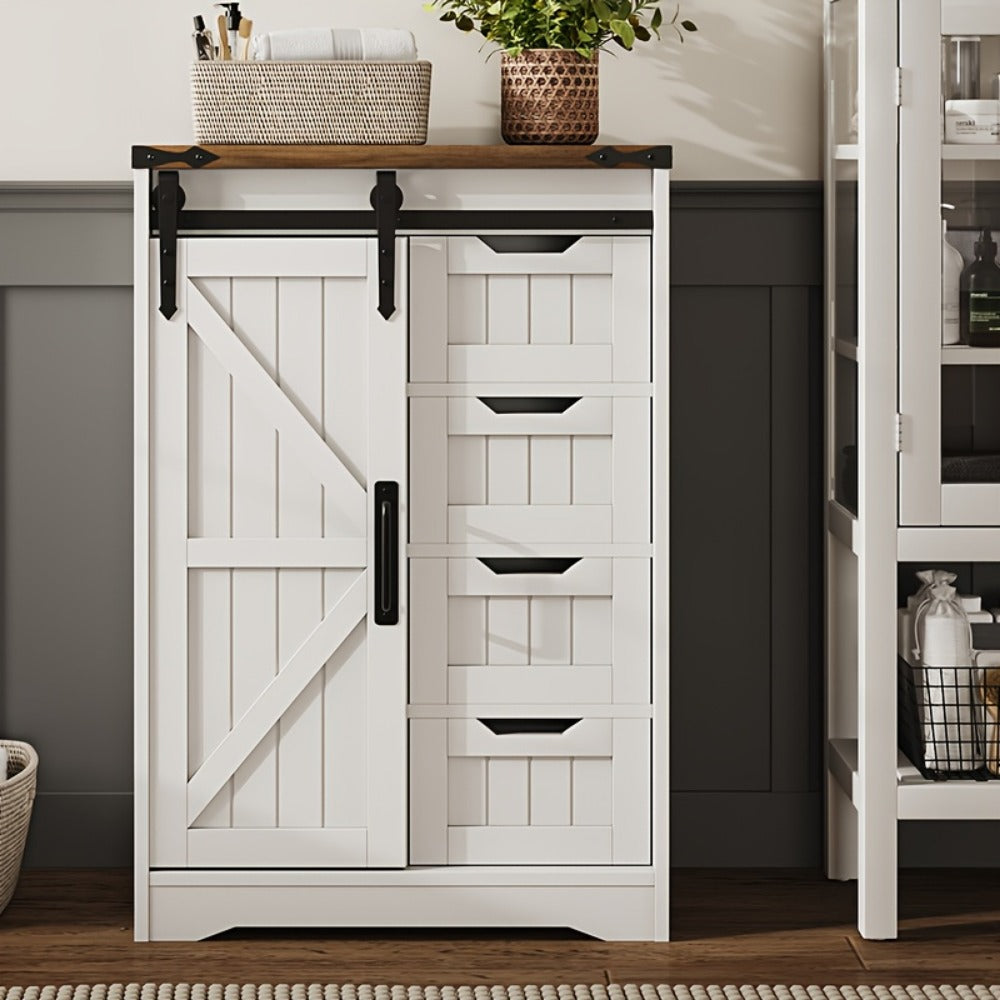 Storage Cabinet Compact Farmhouse Sliding-Door Unit with Adjustable Shelves and Four Side Drawers