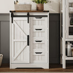 Storage Cabinet Compact Farmhouse Sliding-Door Unit with Adjustable Shelves and Four Side Drawers