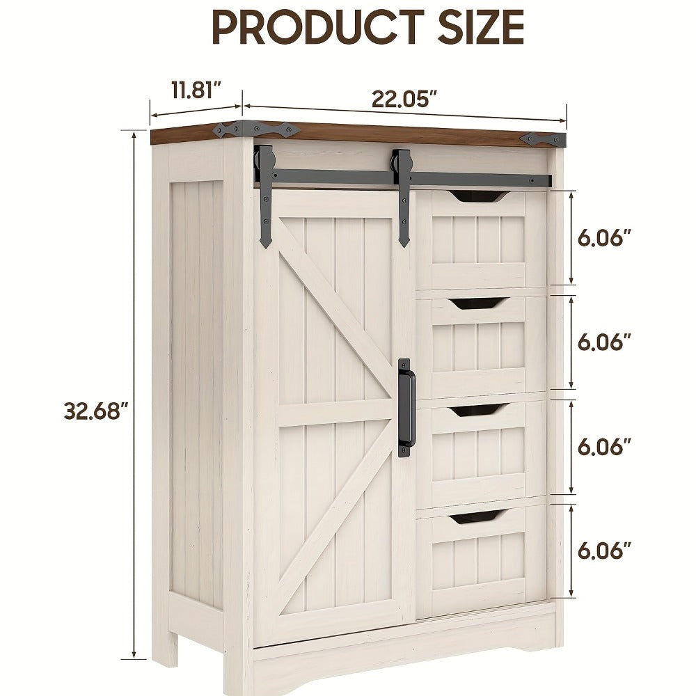 Storage Cabinet Compact Farmhouse Sliding-Door Unit with Adjustable Shelves and Four Side Drawers