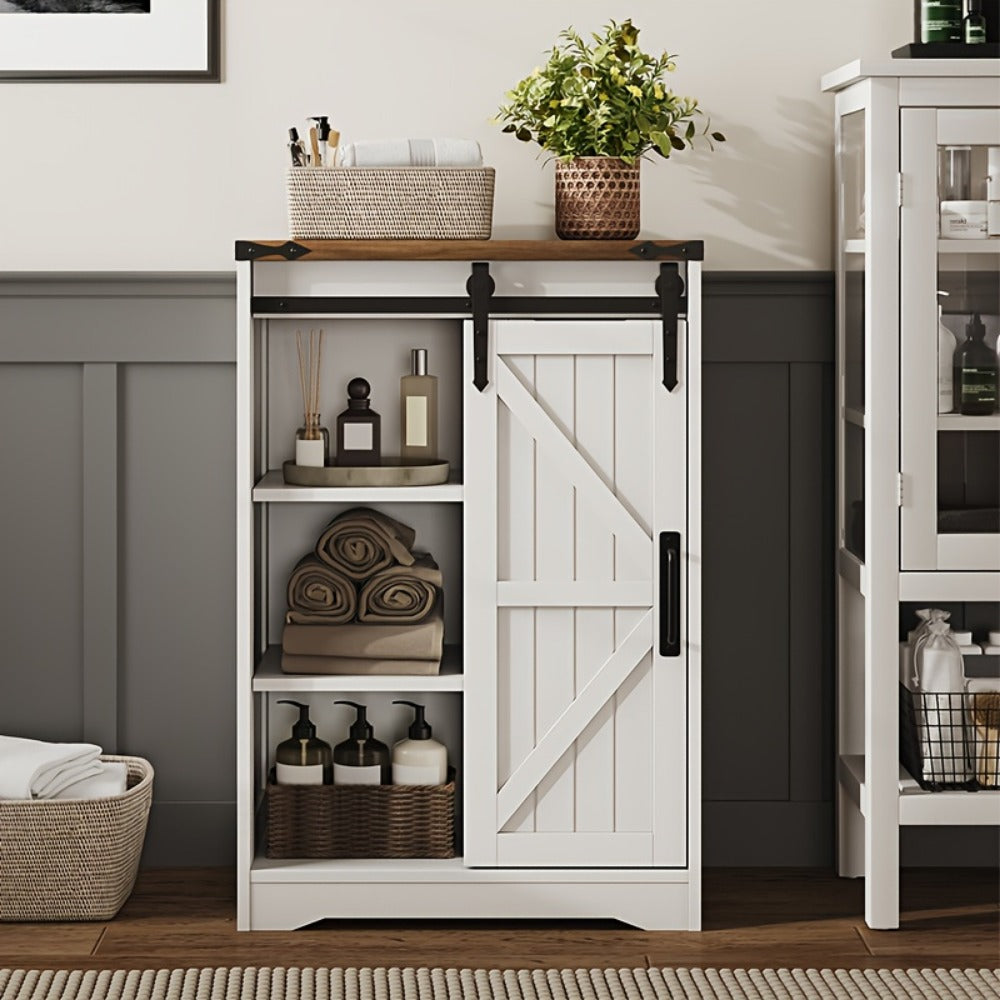 Storage Cabinet Compact Farmhouse Sliding-Door Unit with Adjustable Shelves and Four Side Drawers
