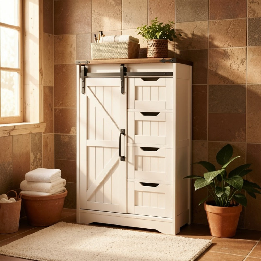Storage Cabinet Compact Farmhouse Sliding-Door Unit with Adjustable Shelves and Four Side Drawers