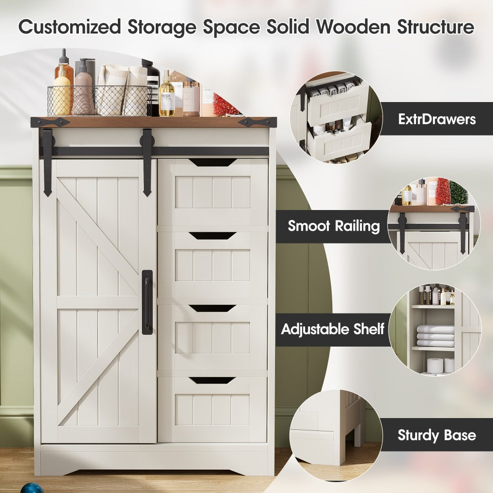 Storage Cabinet Compact Farmhouse Sliding-Door Unit with Adjustable Shelves and Four Side Drawers