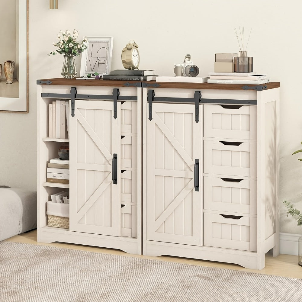 Storage Cabinet Compact Farmhouse Sliding-Door Unit with Adjustable Shelves and Four Side Drawers