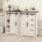 Storage Cabinet Compact Farmhouse Sliding-Door Unit with Adjustable Shelves and Four Side Drawers