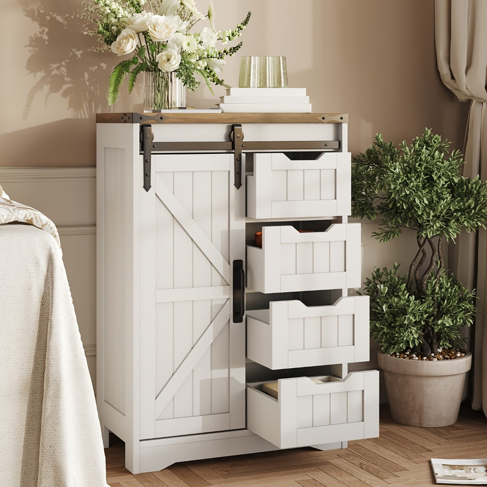 Storage Cabinet Compact Farmhouse Sliding-Door Unit with Adjustable Shelves and Four Side Drawers