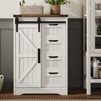 Storage Cabinet Compact Farmhouse Sliding-Door Unit with Adjustable Shelves and Four Side Drawers