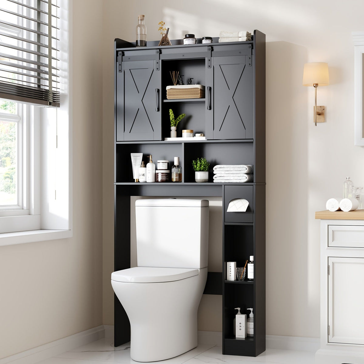Over-the-Toilet Bathroom Storage Cabinet with 32-Inch Top, Sliding Barn Doors and Nine Color Options