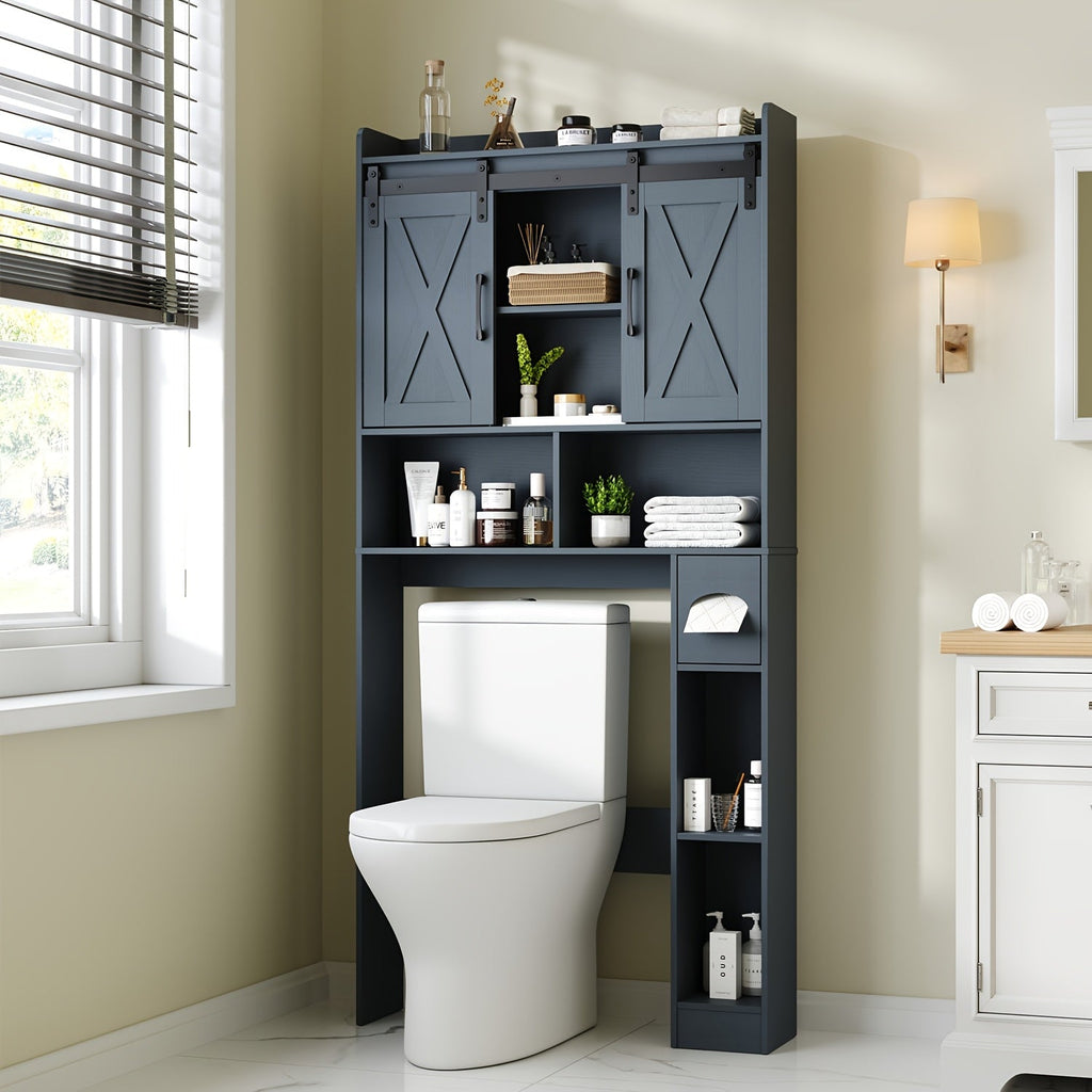 Over-the-Toilet Bathroom Storage Cabinet with 32-Inch Top, Sliding Barn Doors and Nine Color Options