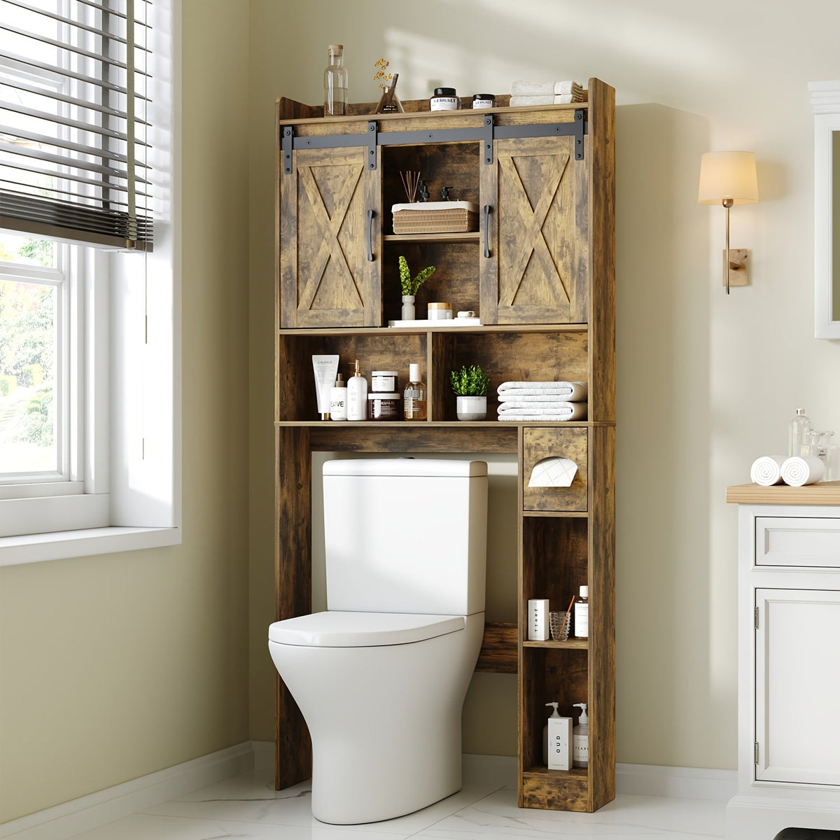 Over-the-Toilet Bathroom Storage Cabinet with 32-Inch Top, Sliding Barn Doors and Nine Color Options