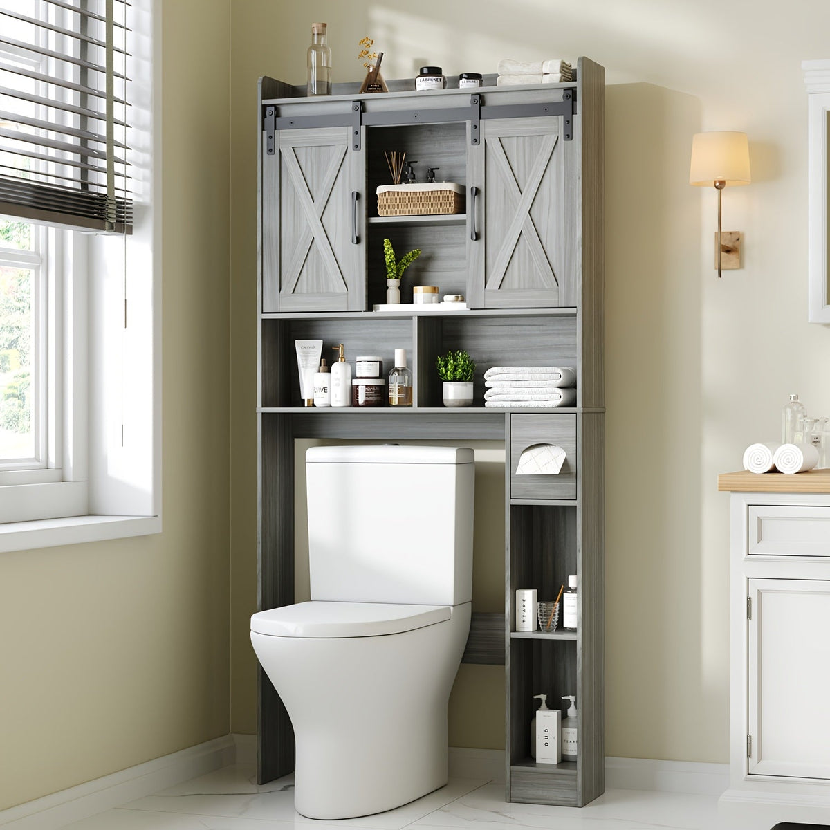 Over-the-Toilet Bathroom Storage Cabinet with 32-Inch Top, Sliding Barn Doors and Nine Color Options