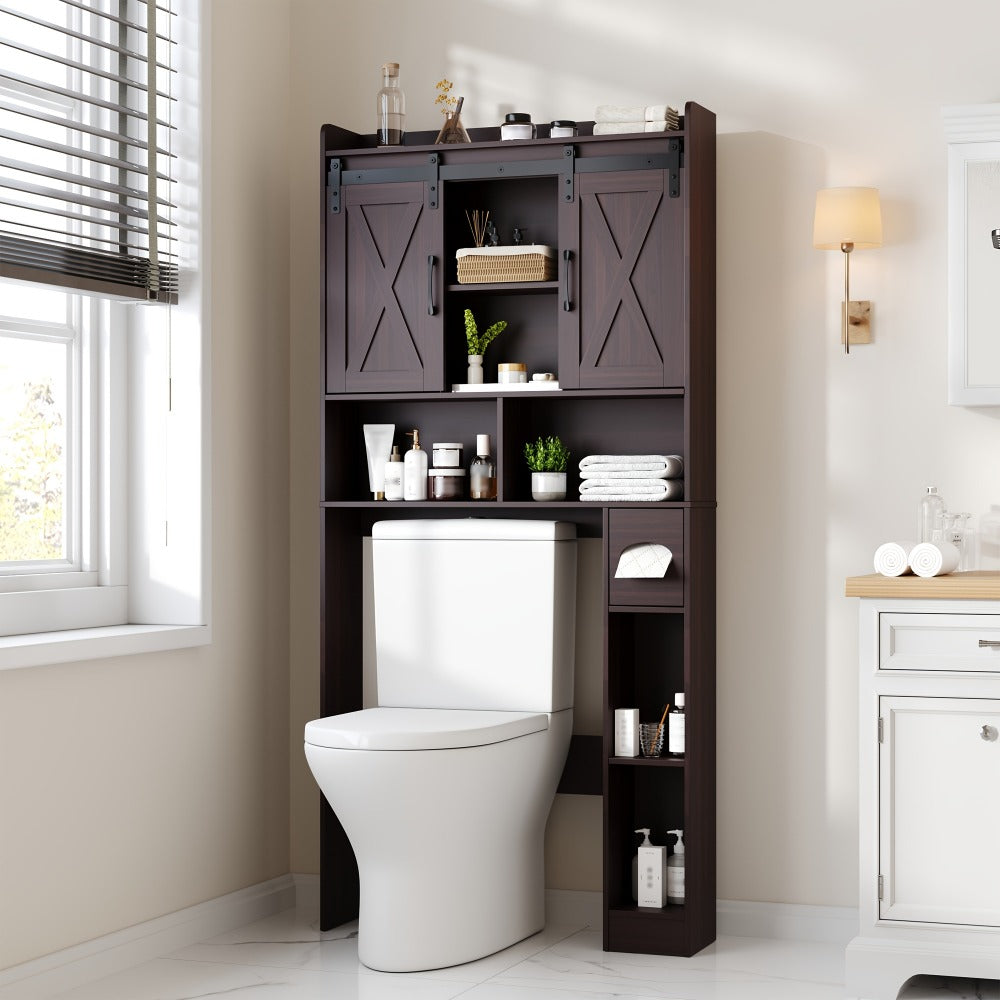 Over-the-Toilet Bathroom Storage Cabinet with 32-Inch Top, Sliding Barn Doors and Nine Color Options