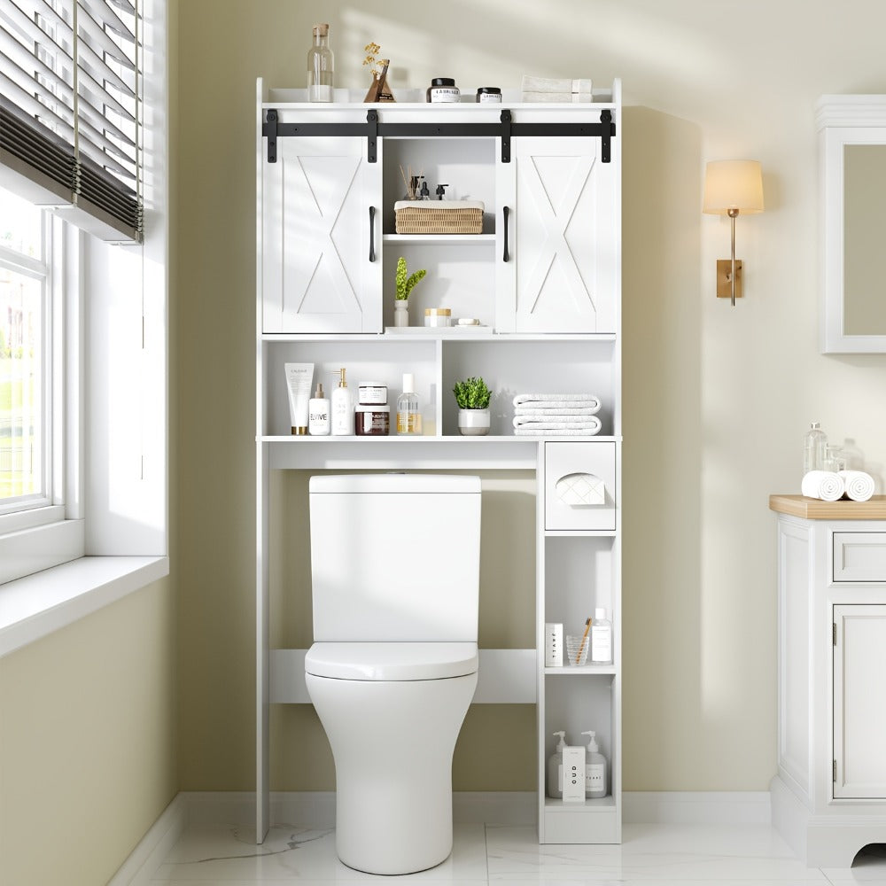 Over-the-Toilet Bathroom Storage Cabinet with 32-Inch Top, Sliding Barn Doors and Nine Color Options