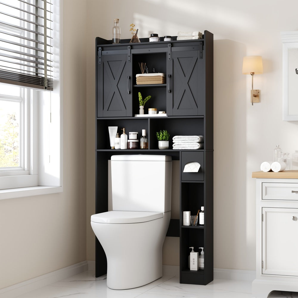 Over-the-Toilet Bathroom Storage Cabinet with 32-Inch Top, Sliding Barn Doors and Nine Color Options