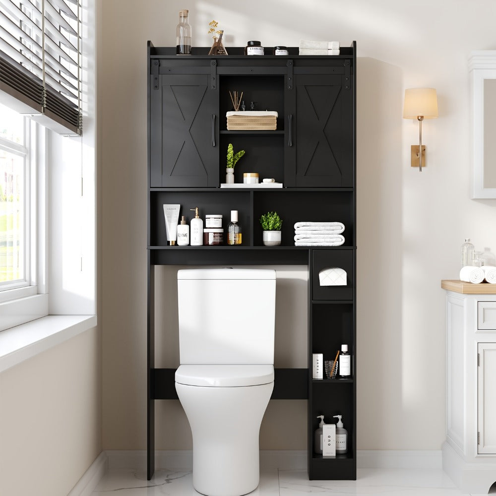 Over-the-Toilet Bathroom Storage Cabinet with 32-Inch Top, Sliding Barn Doors and Nine Color Options