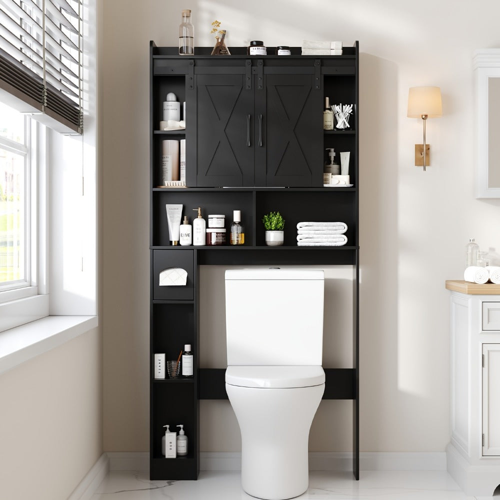 Over-the-Toilet Bathroom Storage Cabinet with 32-Inch Top, Sliding Barn Doors and Nine Color Options