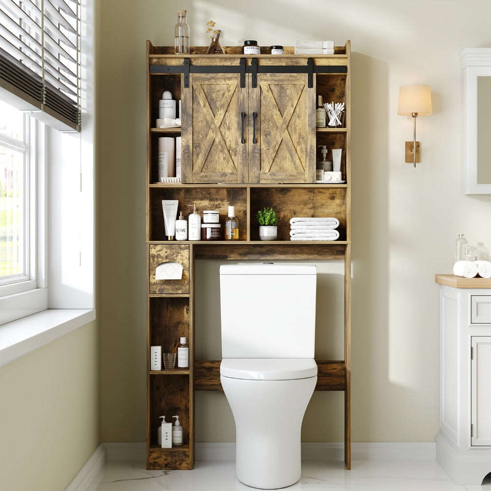 Over-the-Toilet Bathroom Storage Cabinet with 32-Inch Top, Sliding Barn Doors and Nine Color Options
