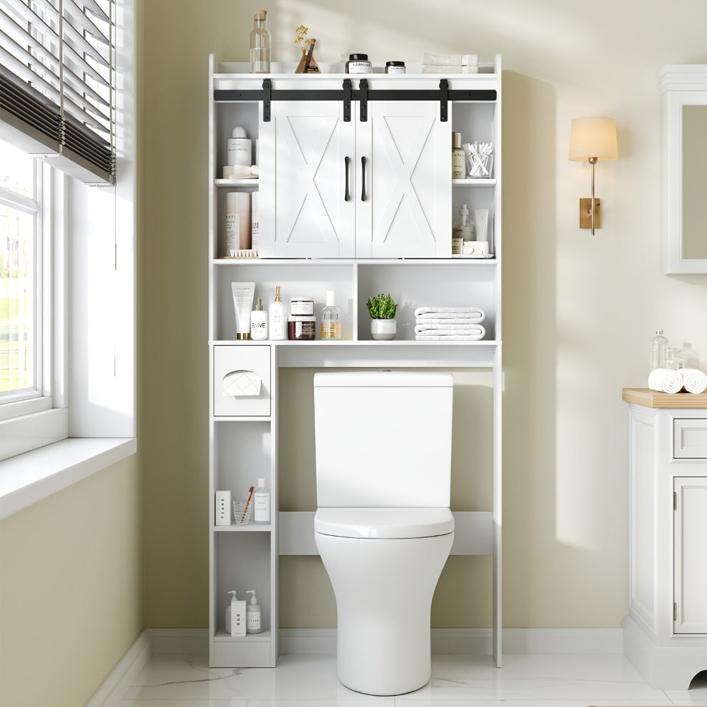 Over-the-Toilet Bathroom Storage Cabinet with 32-Inch Top, Sliding Barn Doors and Nine Color Options
