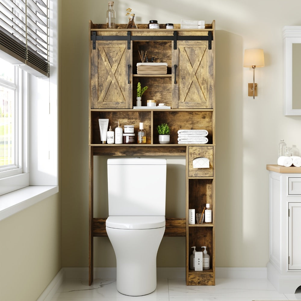 Over-the-Toilet Bathroom Storage Cabinet with 32-Inch Top, Sliding Barn Doors and Nine Color Options