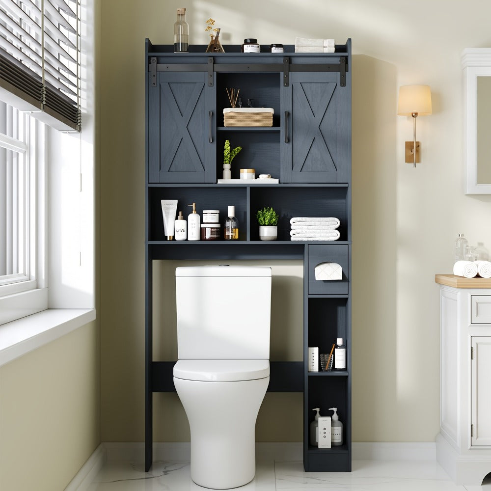 Over-the-Toilet Bathroom Storage Cabinet with 32-Inch Top, Sliding Barn Doors and Nine Color Options