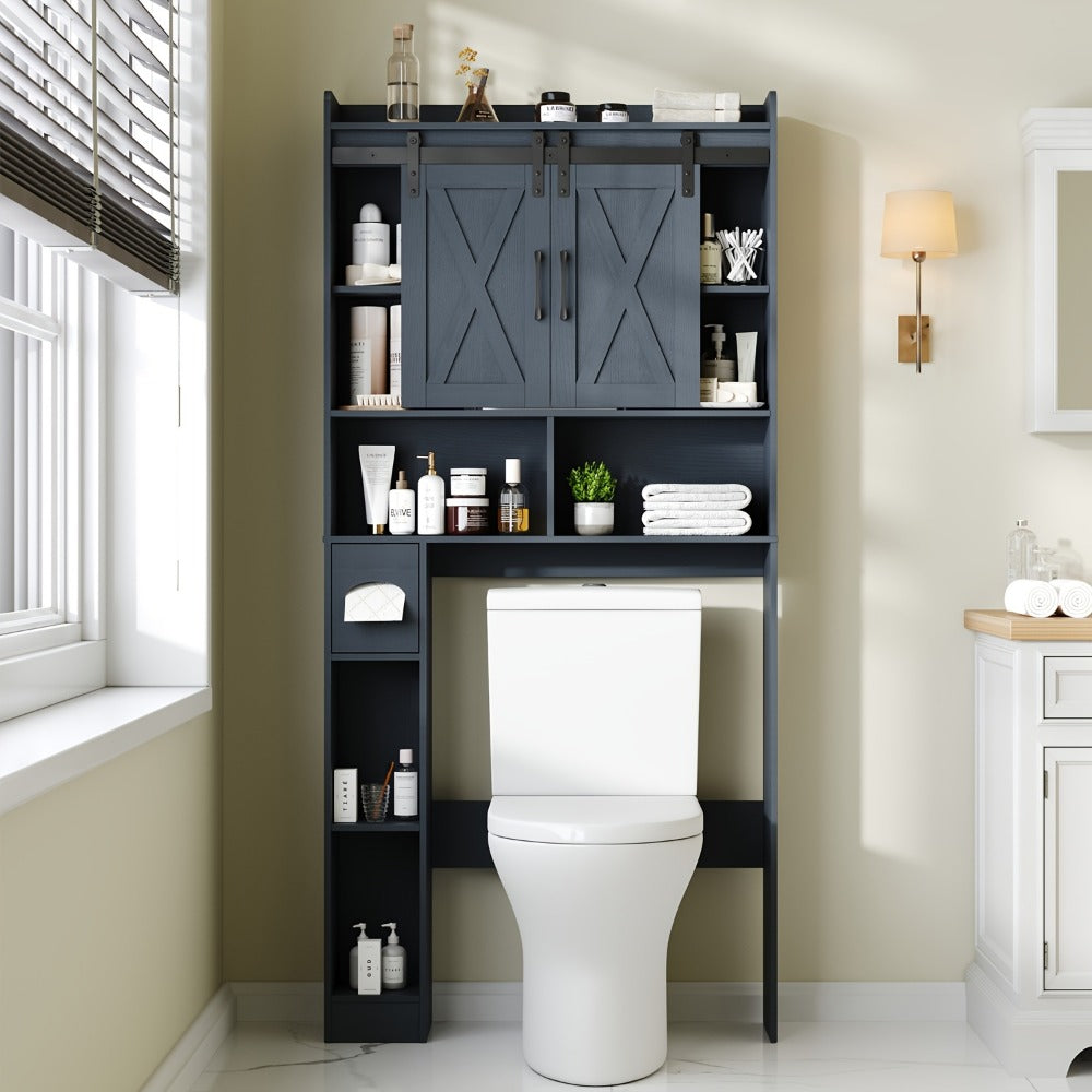 Over-the-Toilet Bathroom Storage Cabinet with 32-Inch Top, Sliding Barn Doors and Nine Color Options