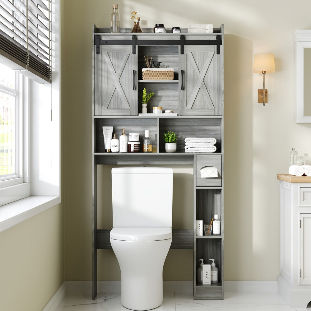 Over-the-Toilet Bathroom Storage Cabinet with 32-Inch Top, Sliding Barn Doors and Nine Color Options