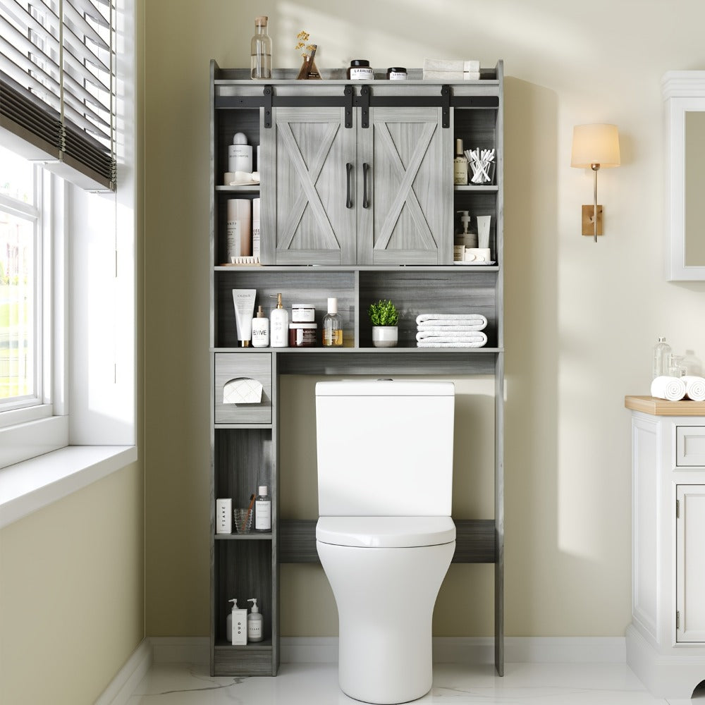 Over-the-Toilet Bathroom Storage Cabinet with 32-Inch Top, Sliding Barn Doors and Nine Color Options