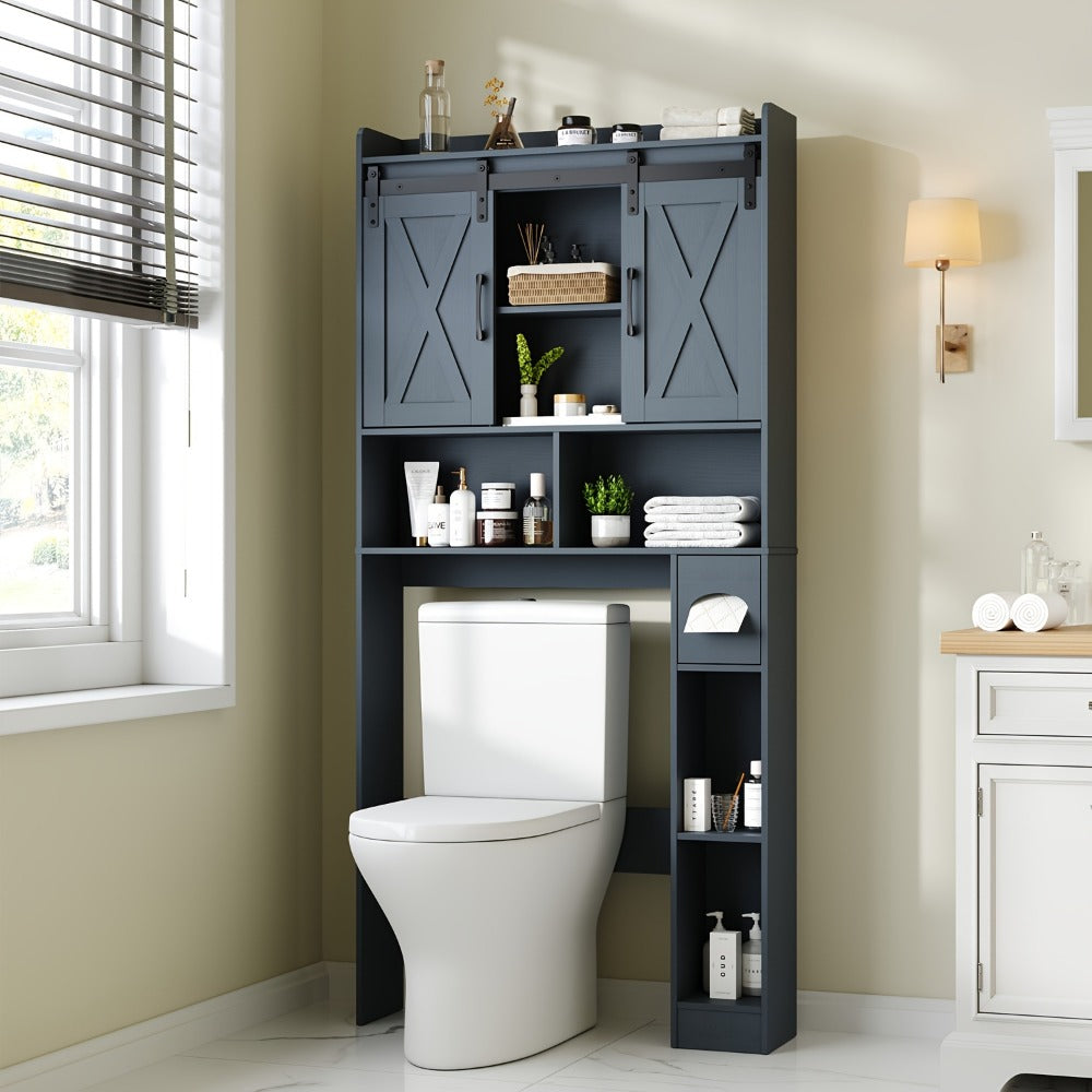 Over-the-Toilet Bathroom Storage Cabinet with 32-Inch Top, Sliding Barn Doors and Nine Color Options