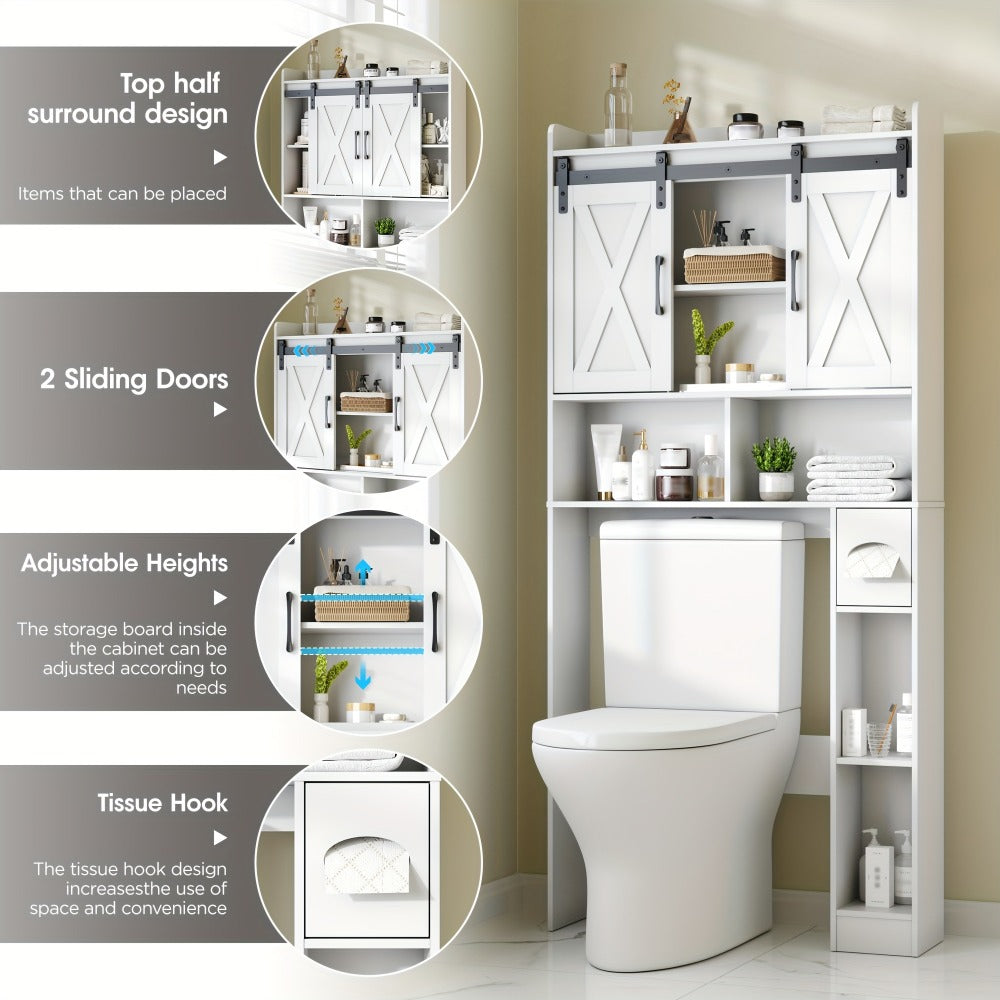 Over-the-Toilet Bathroom Storage Cabinet with 32-Inch Top, Sliding Barn Doors and Nine Color Options