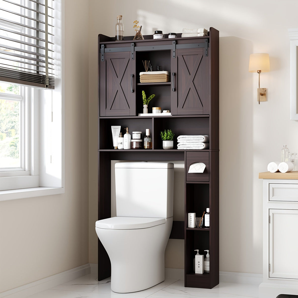 Over-the-Toilet Bathroom Storage Cabinet with 32-Inch Top, Sliding Barn Doors and Nine Color Options