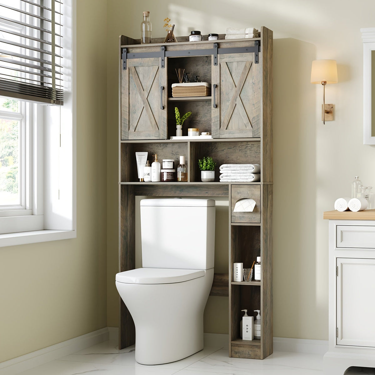 Over-the-Toilet Bathroom Storage Cabinet with 32-Inch Top, Sliding Barn Doors and Nine Color Options