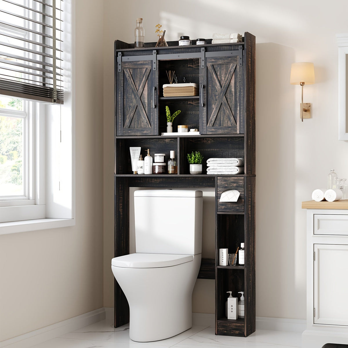 Over-the-Toilet Bathroom Storage Cabinet with 32-Inch Top, Sliding Barn Doors and Nine Color Options