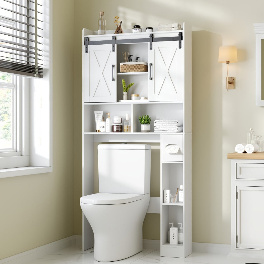 Over-the-Toilet Bathroom Storage Cabinet with 32-Inch Top, Sliding Barn Doors and Nine Color Options
