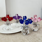 Glass Rose Sculpture Floral Home Decor – Sparkling Leaves Art Figurine for Bedroom, Living Room, Valentine's Day Gift