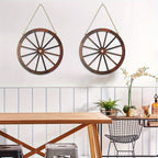 Rustic Carriage Wheel Wall Decor, Two-Piece Artificial Wood Set with Brown Grain-Look Finish and Hanging Loops