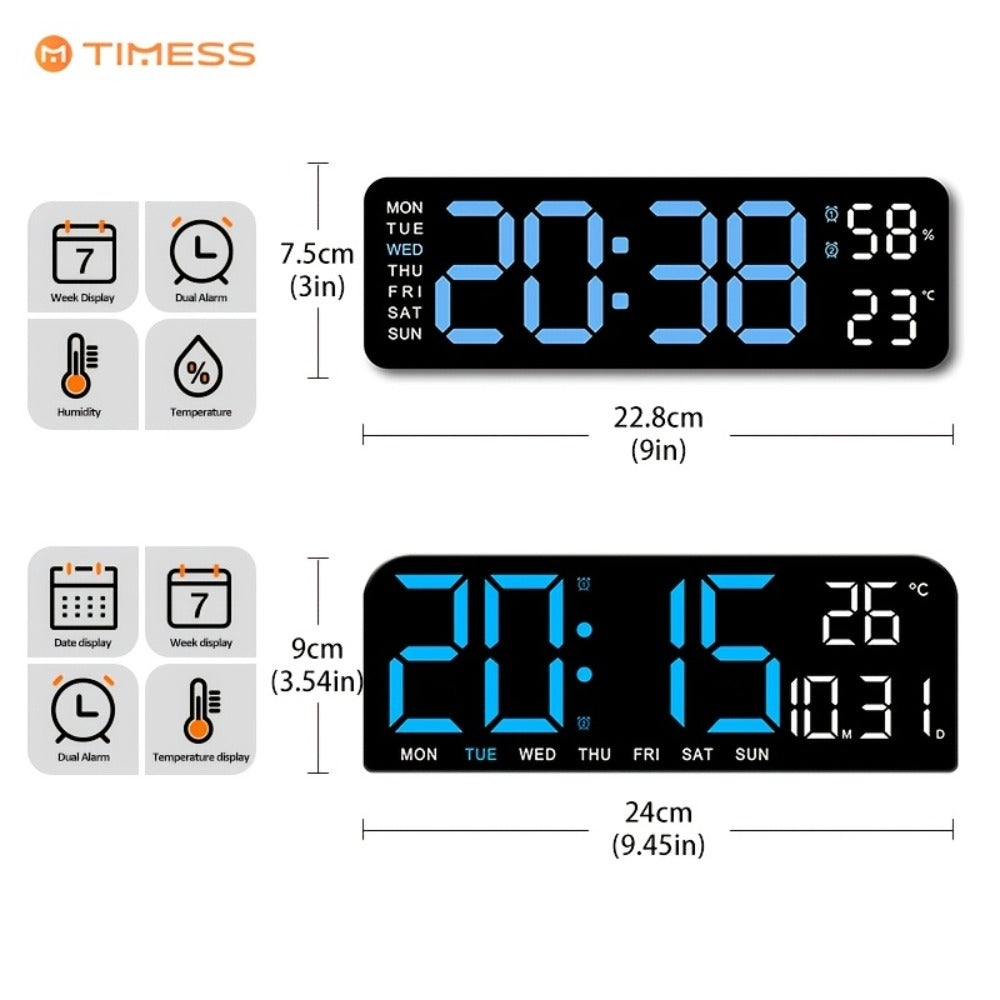 Large Digital LED Wall Clock Dual Alarm Clock with Temperature Date Display Brightness for Entryways, Bedrooms and Living Spaces