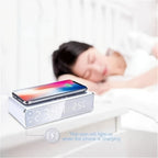 Wireless Charging Alarm Clock with Black or Silver-Tone Housing, Digital Time Display and Top Charging Surface