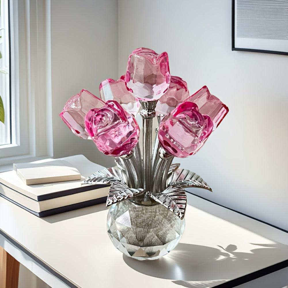 Glass Rose Sculpture Floral Home Decor – Sparkling Leaves Art Figurine for Bedroom, Living Room, Valentine's Day Gift